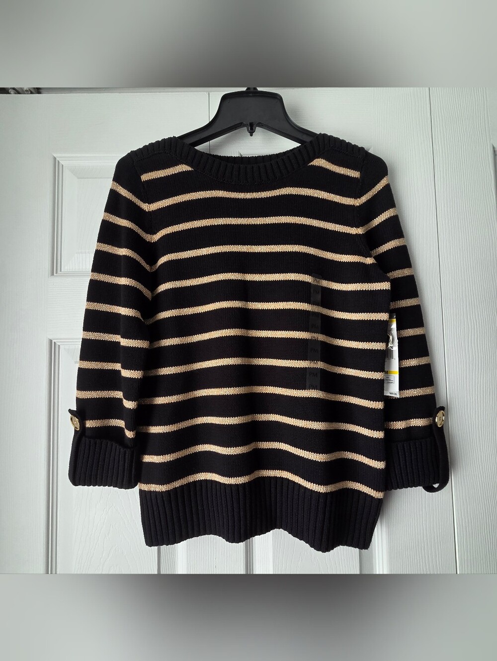 NWT Jones New York Black and Gold Striped Crewneck Sweater Size MP - Picture 4 of 14